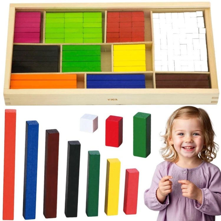VIGA drewniane patyczki edukacyjne Cuisenaire'a ułożone w kolorowy wachlarz na jasnym tle