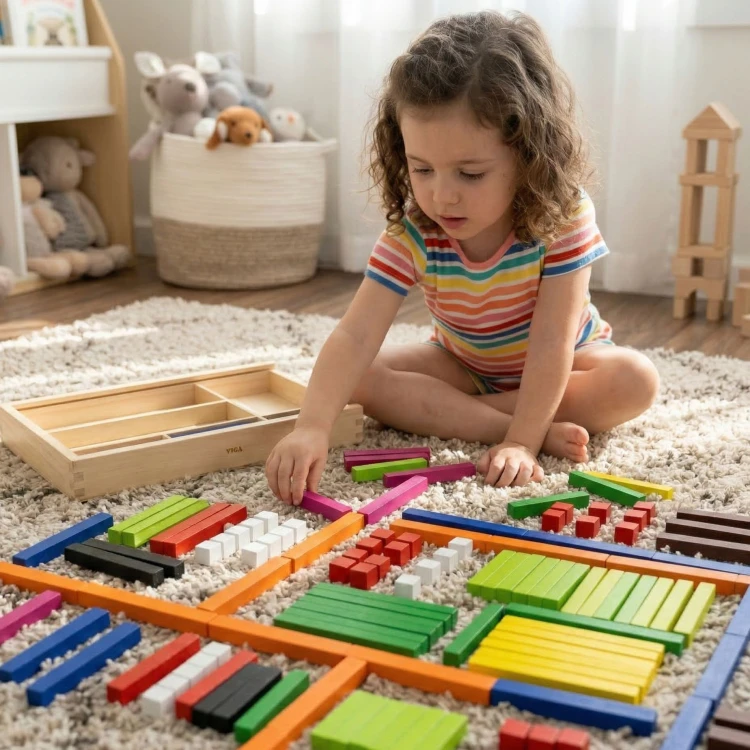 Ujęcie z boku — patyczki Cuisenaire'a ułożone równolegle, widoczne przejścia kolorów i struktura drewna