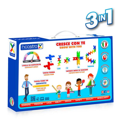 Zestaw Incastro Fairground rozłożony na stole — 150 elementów gotowych do budowy trzech modeli.