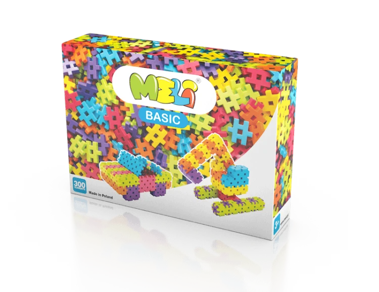 Zestaw 300 klocków Meli Basic ułożony w kolorowe mozaiki; widok z góry, elementy waflowe i różne barwy