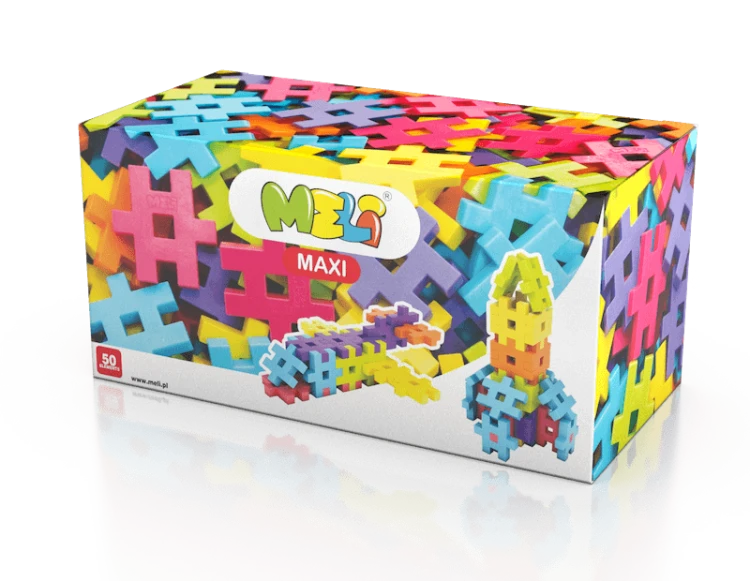 Klocki Meli Maxi - front zestawu z 50 elementami w intensywnych kolorach, pokazany układ waflowy i pudełko.
