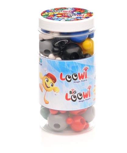 Kolorowy zestaw Loowi i Big Loowi — 45 elementów w opakowaniu, pokaz konstrukcji i łączników.