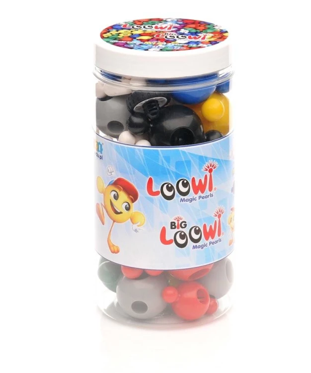 Kolorowy zestaw Loowi i Big Loowi — 45 elementów w opakowaniu, pokaz konstrukcji i łączników.