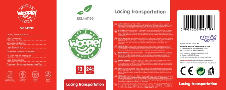Zestaw nawlekanki WOOPIE przedstawiony z perspektywy użytkownika — koraliki i pojazdy gotowe do przewlekania