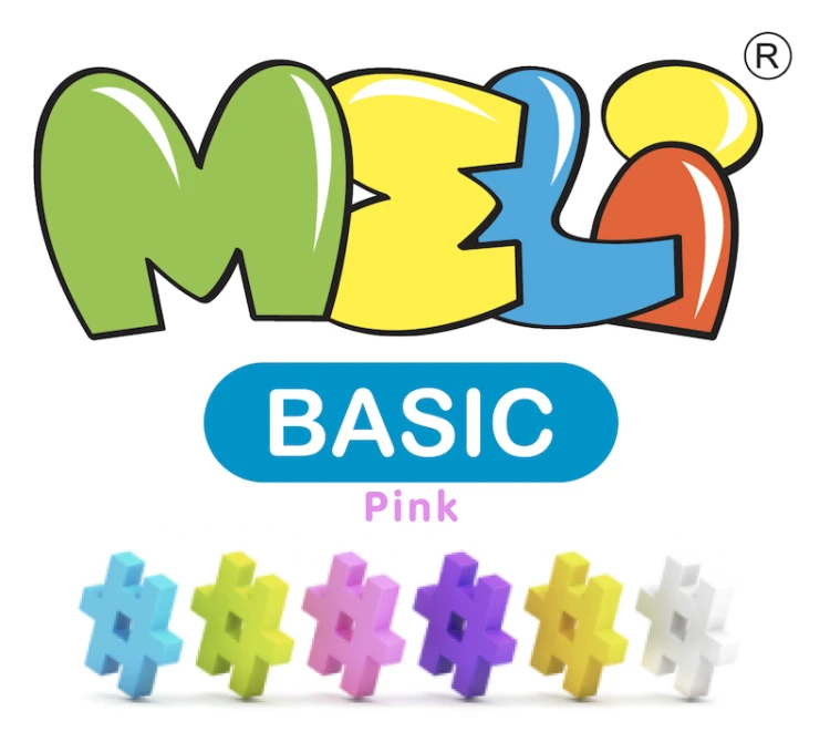 Porównanie klocka Meli Basic Pink obok linijki demonstrujące wymiar pojedynczego elementu 2,5 × 2,5 cm.