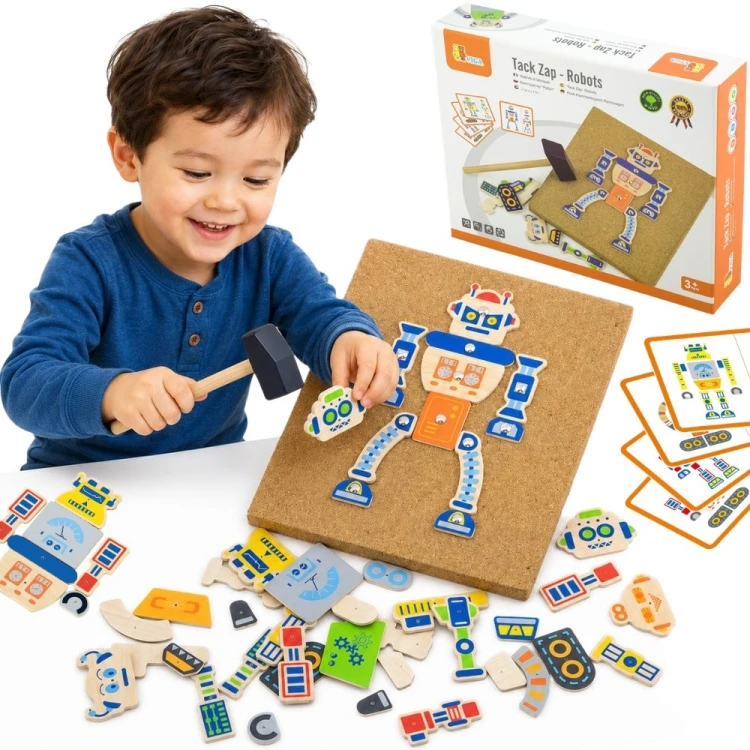 Drewniana przybijanka Roboty 45 elementów VIGA — komplet w otwartym pudełku widoczny z przodu
