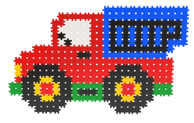 Zbliżenie na pojedyncze elementy Meli Minis pokazujące teksturę i sposób łączenia bez dodatkowych łączników