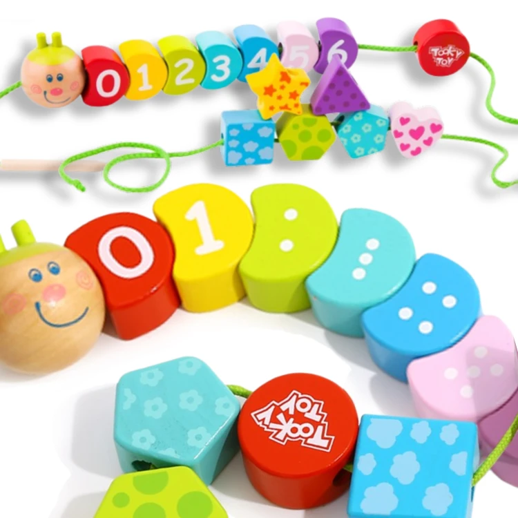 TOOKY TOY — drewniana gąsienica do nawlekania, kolorowe elementy wspierające naukę liczenia (20 el.)