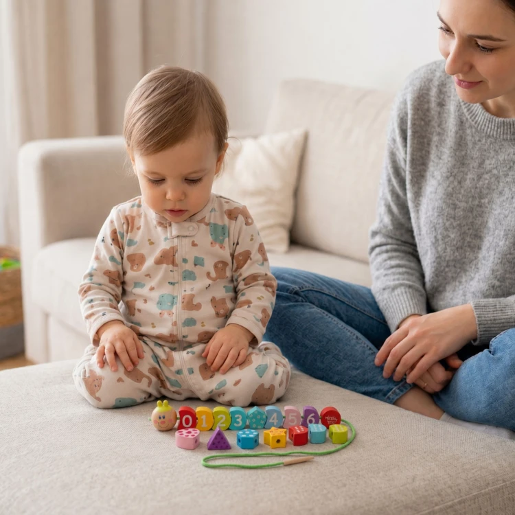 Detal klocków TOOKY TOY — zbliżenie na kolorowe drewniane elementy gąsienicy i otwory do nawlekania