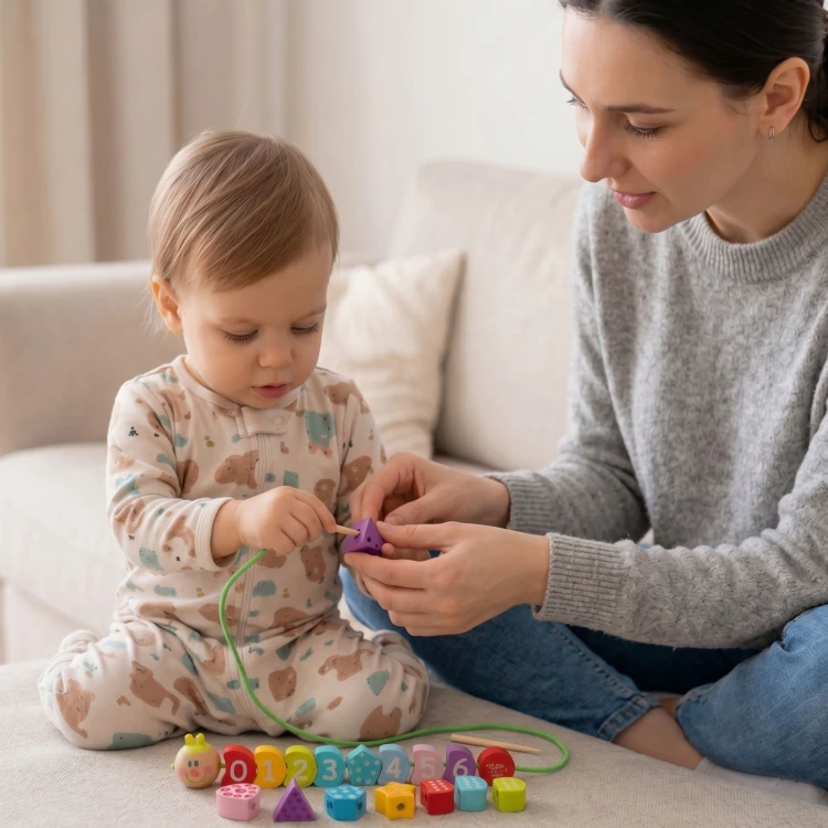 Perspektywa z boku: złożona gąsienica TOOKY TOY ułożona w łuk, widoczne kolory i kształty elementów