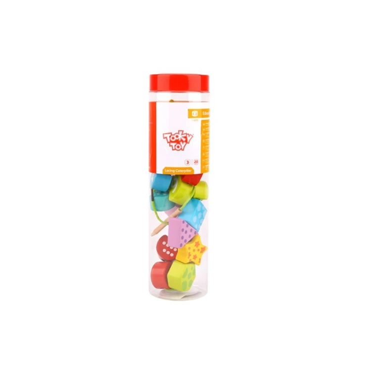 Zestaw TOOKY TOY w naturalnych barwach — pokazane 20 elementów klocków do nawlekania i zabawy w liczenie