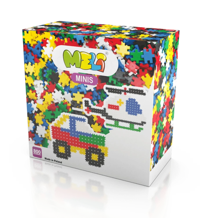 Widok pudełka Klocki Meli Minis 800 z elementami 1,5 × 1,5 cm rozłożonymi obok opakowania, pokazuje zawartość i kolory