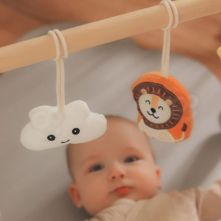 Widok z góry pałąka Baby Gym VIGA PolarB — rozmieszczenie zawieszek i przestrzeń nad matą