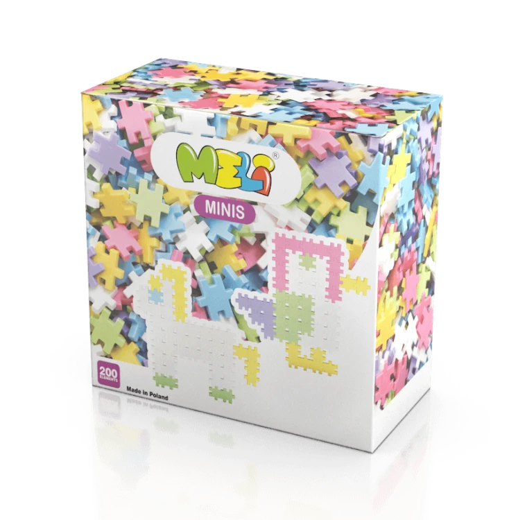 Rozsypane elementy Meli Minis Pastel — 200 kolorowych płytek o wymiarze 1,5 × 1,5 cm widziane z bliska, detal