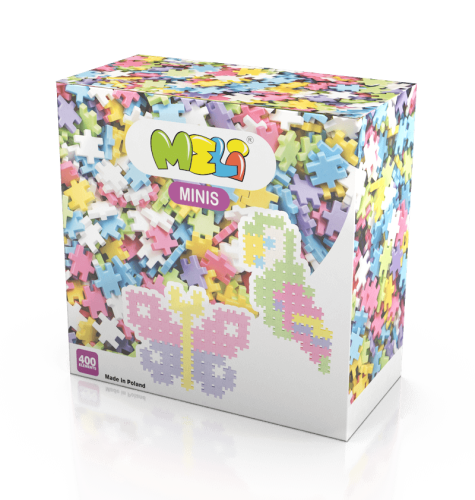 Klocki Meli Minis Pastel: zbliżenie na elementy 1,5 × 1,5 cm ułożone w mozaikę, zestaw 400 elementów.