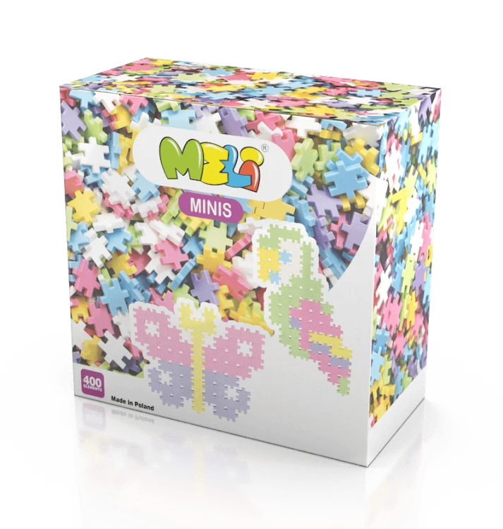 Klocki Meli Minis Pastel: zbliżenie na elementy 1,5 × 1,5 cm ułożone w mozaikę, zestaw 400 elementów.