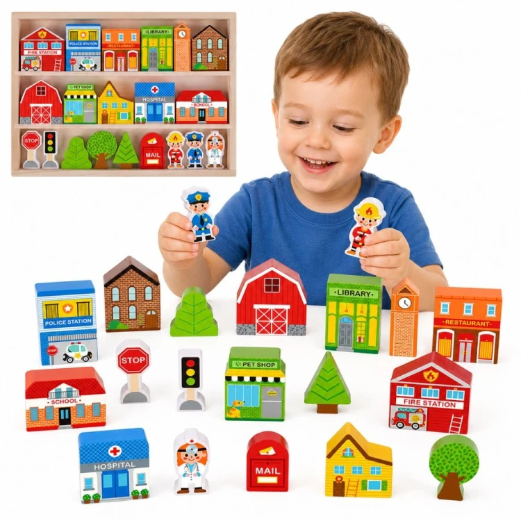 Widok z góry na drewniane budynki TOOKY TOY — ułożone elementy tworzą małe miasto