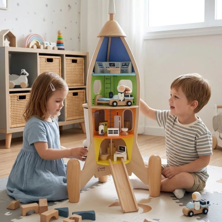 Widok z góry na drewnianą rakietę-domek CLASSIC WORLD — otwarte wnętrze z figurkami i rozmieszczeniem elementów