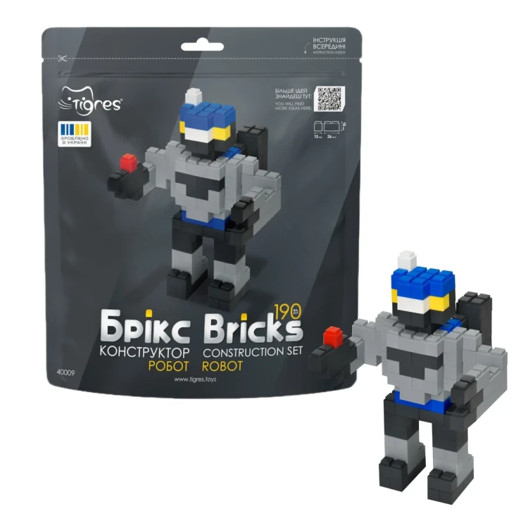 Widok zbudowanego robota z zestawu Bricks Robot — szaro-biało-czarna kolorystyka z akcentami kolorów