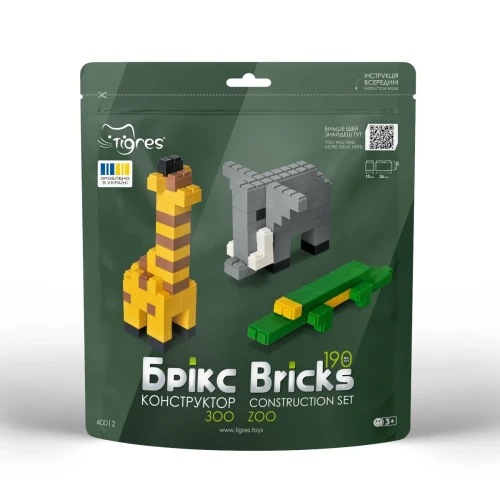 Zbliżenie na ułożony model żyrafy z zestawu Bricks Zoo, widoczne łączenia i szczegóły elementów