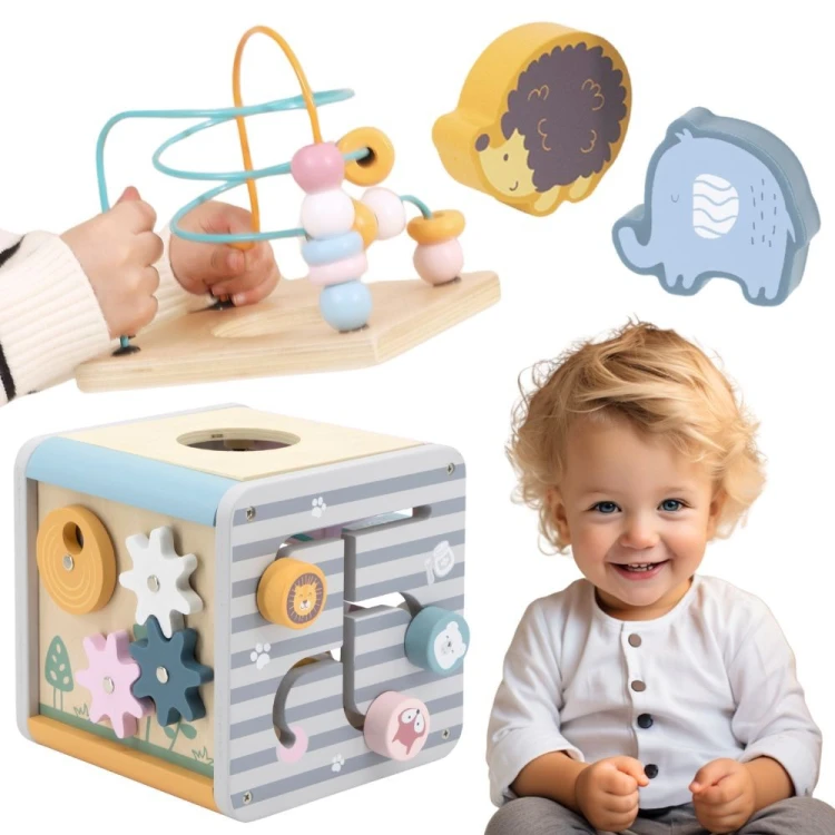 VIGA PolarB Activity Box — drewniane edukacyjne centrum gier 5w1 marki VIGA, frontalny widok ze wszystkimi panelami
