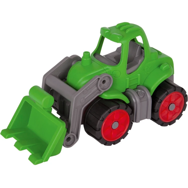 BIG Power Worker Mini Traktor 54 — frontowy widok drewnianego traktorka z detalami kół i kabiny