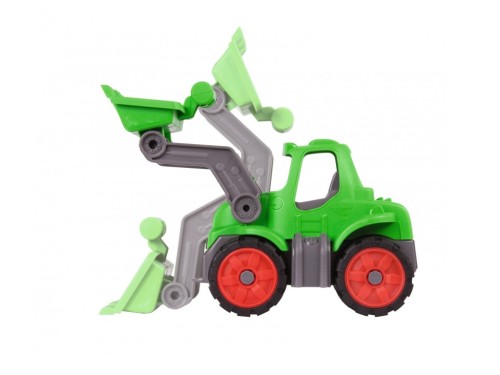 Traktor BIG Power Worker — widok z boku pokazujący ruchome koła i stabilną konstrukcję drewnianej zabawki