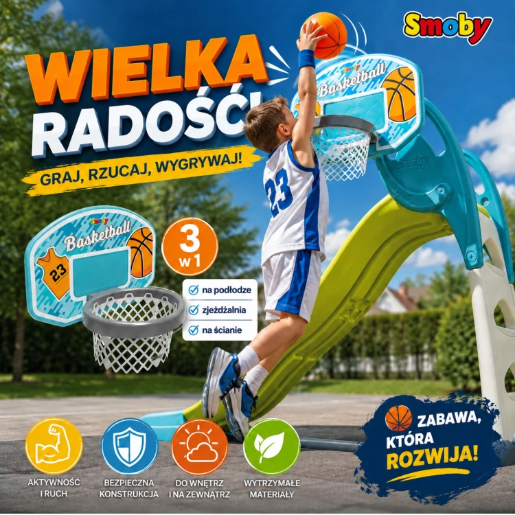 Finalny widok zamontowanego kosza SMOBY — obręcz, tablica i podstawa razem w jednym widoku kompletnego zestawu