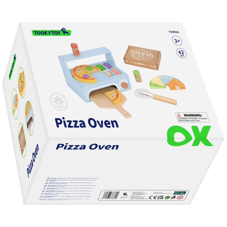 Nadruk z nazwą TOOKY TOY 51 na drewnianej pizzerii — zbliżenie na logo i detale wykończenia