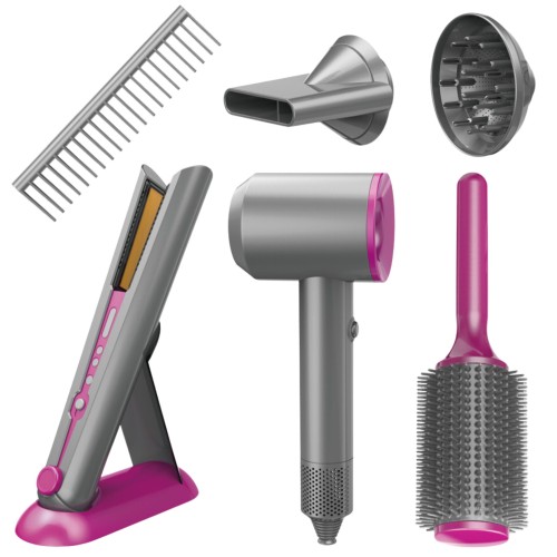 WOOPIE Zestaw Małego Fryzjera 48 — suszarka, prostownica i akcesoria ułożone na białym tle