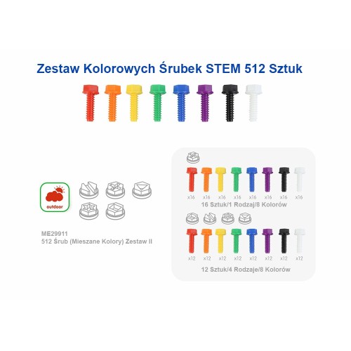 Widok z góry na rozsypane kolorowe śrubki — wyraźne 5 kształtów i bogaty miks barw MASTERKIDZ