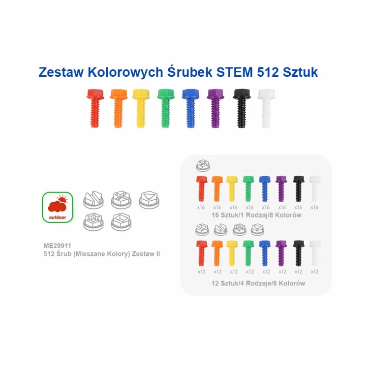 Widok z góry na rozsypane kolorowe śrubki — wyraźne 5 kształtów i bogaty miks barw MASTERKIDZ