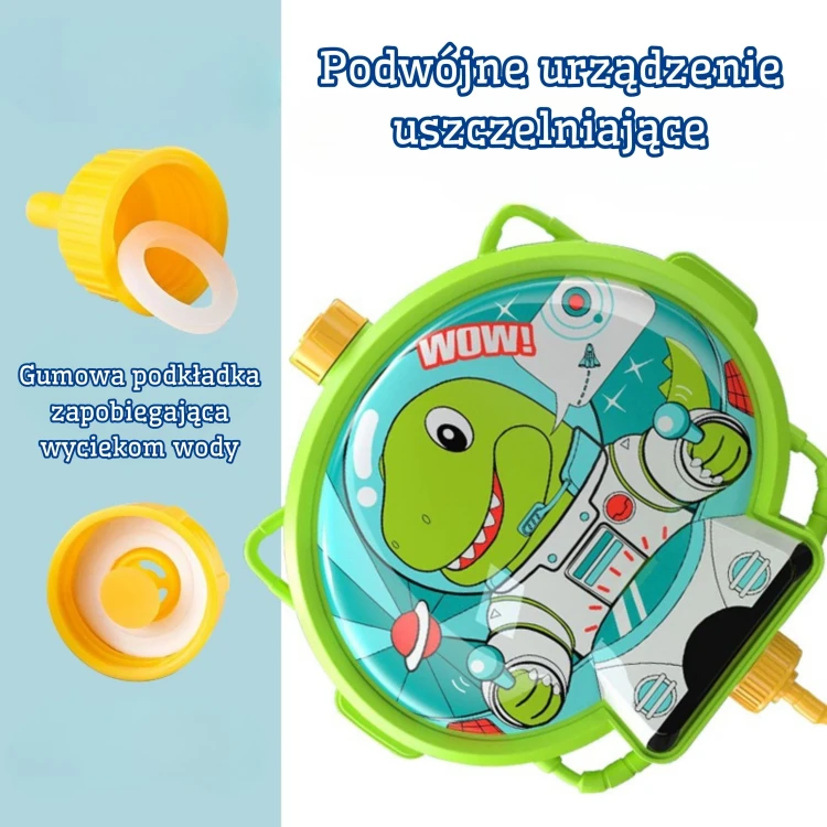 Zbliżenie dyszy i mechanizmu pompy pistoletu na wodę — detal kolorowego motywu Dino WOOPIE
