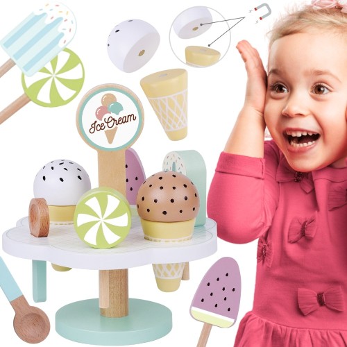 TOOKY TOY — Drewniane lody magnetyczne na stojaku, kolorowy zestaw do zabawy i serwowania