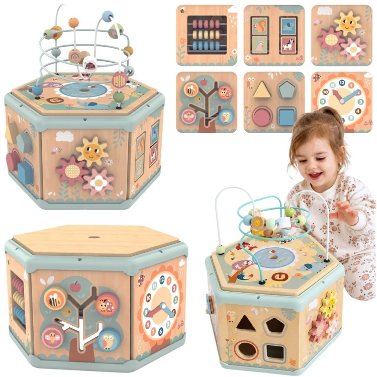 Drewniany sześciokąt Montessori TOOKY TOY — otwierane pudełko z kolorowymi kształtami i rączką