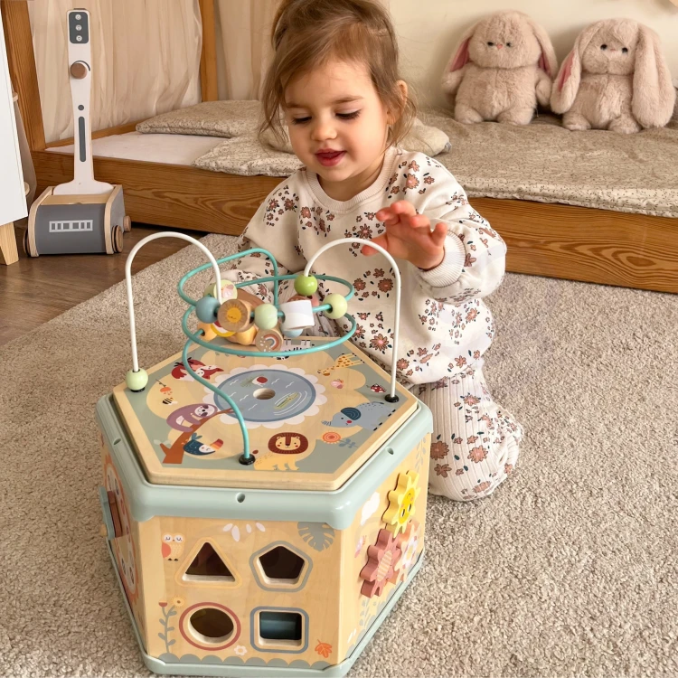 Zbliżenie na wewnętrzne przegródki pudełka — Montessori sorter z miejscami na każdy kształt i kolor