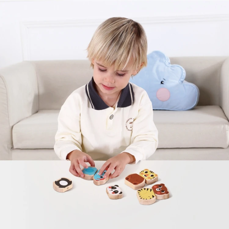 Widok otwartego boxu TOOKY TOY — drewniane elementy edukacyjne ułożone w przegródkach, zbliżenie