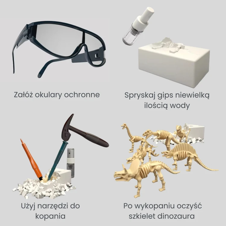 Narzędzia i drobne części ułożone obok pudełka — porządek elementów do wykopalisk z zestawu WOOPIE