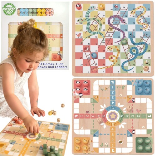 Gry planszowe logiczne 2w1 WOOPIE — rozłożony zestaw Ludo i Węże i Drabiny na stole