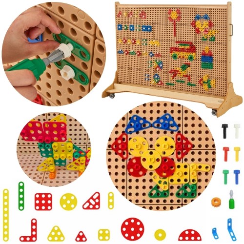 MASTERKIDZ 55 — Zestaw Geometrycznych Kształtów 260 el. do paneli ściennych, widok kompletu i opakowania
