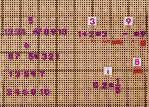 Widok z góry na rozsypane cyfry i znaki z zestawu MASTERKIDZ — elementy do nauki matematyki przy panelach