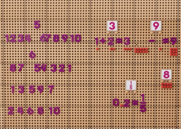 Widok z góry na rozsypane cyfry i znaki z zestawu MASTERKIDZ — elementy do nauki matematyki przy panelach
