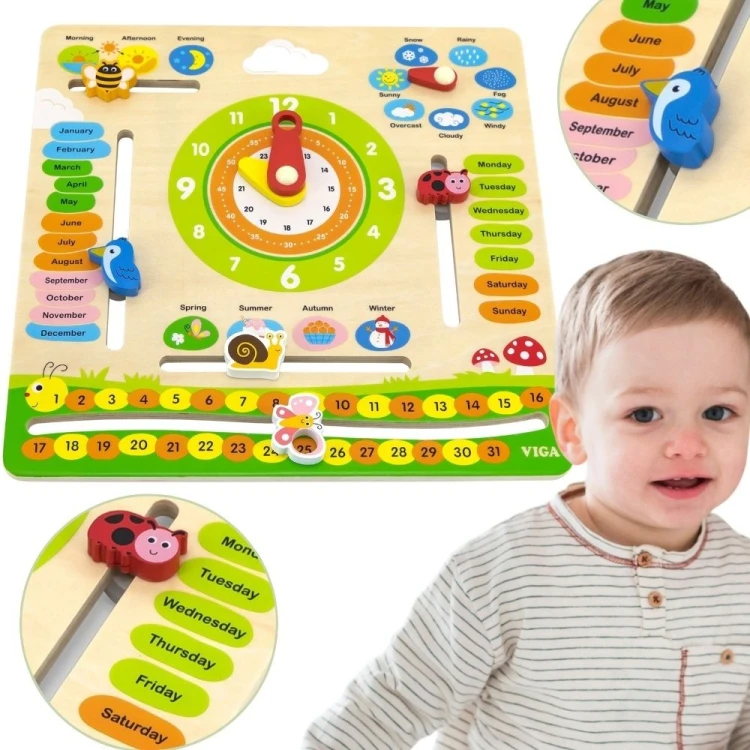 Zbliżenie na drewniane pionki i kolorowe oznaczenia Montessori w kalendarzu VIGA