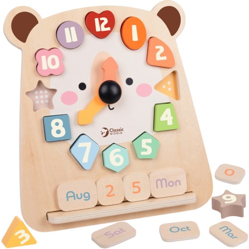 Zegar Miś Montessori 3w1 CLASSIC WORLD — kolorowy drewniany zegar edukacyjny z ruchomymi wskazówkami