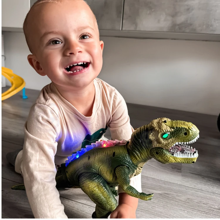 Zbliżenie głowy dinozaura WOOPIE — czerwone oczy, struktura łusek i szczegóły szczęki