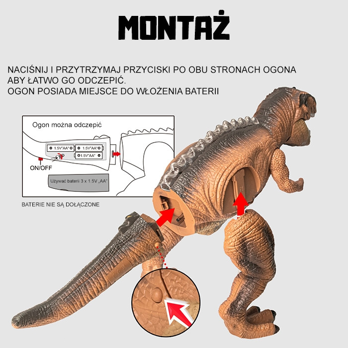 Mechanizm otwierania paszczy T-Rex WOOPIE — widoczne zęby, zawias i elementy napędu w detalu