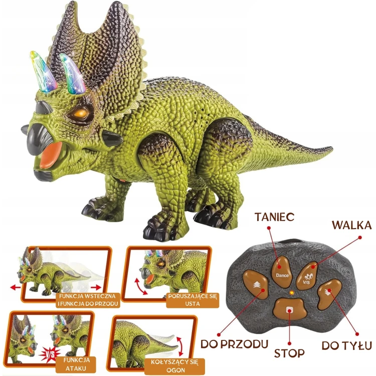 Skala i rozmiar WOOPIE — Triceratops RC obok ręki dla porównania wymiarów zabawki