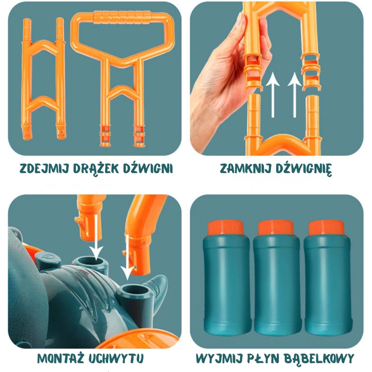 Widok elementów zestawu — butelka z płynem do baniek obok kosiarki Dino WOOPIE i instrukcji składania