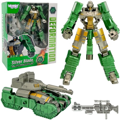 Robot Transformujący 2w1 WOOPIE Silver Blade — frontowy widok złożonego czołgu i sylwetki