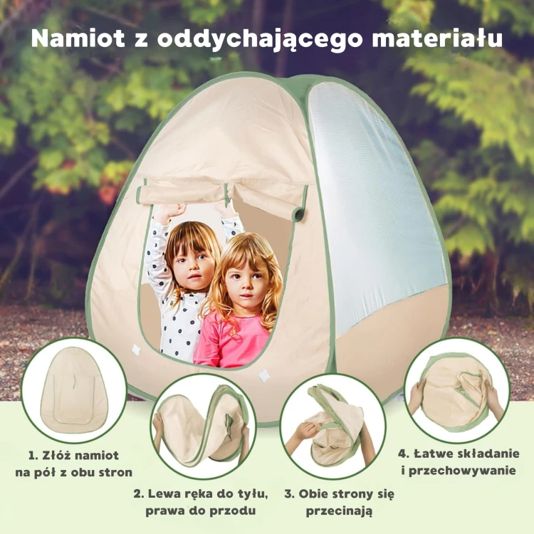 Detal materiału namiotu WOOPIE — zbliżenie na szwy, zamek i oddychającą tkaninę używaną w zestawie